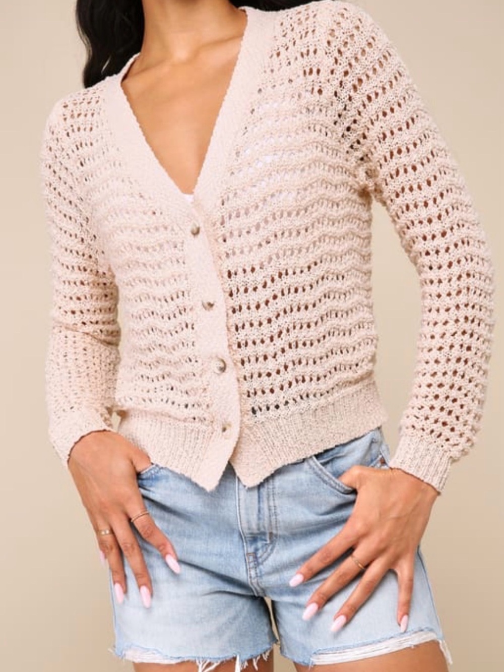 LULUS Knit Button-Front V-Neck Cardigan Sweater - Creamy Pink